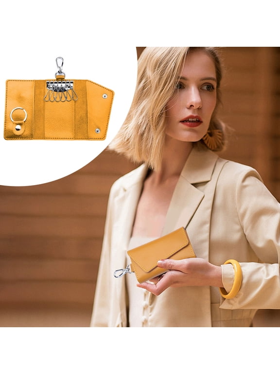 Leather Key Case Wallet,Compact Leather Car Key Case, Key Holder Key Organizer Wallet,for Men Women, Key Pouch with Metal Hook Keyring, Snap Closure Key Bag