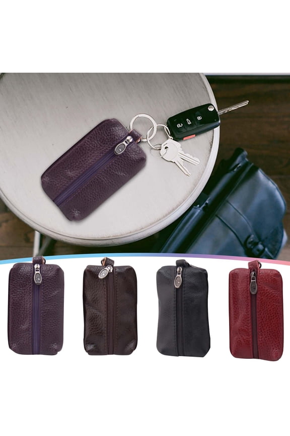 Leather Key Case Wallet Pouch with Zipper Closure & Metal Hook, Cowhide Keychain Organizer for Car Keys, Coins, and Cards, Secure Travel EDC Pouch for Men and Women FAJHHA | Black