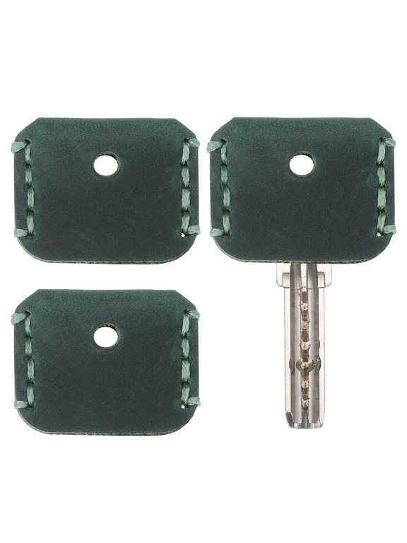 Leather Key Covers Caps, 3 Pack Head Key Sleeves Mini Key Tags Organizer, Dark Green