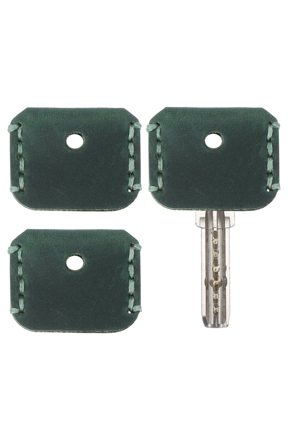 Leather Key Covers Caps, 3 Pack Head Key Sleeves Mini Key Tags Organizer, Dark Green