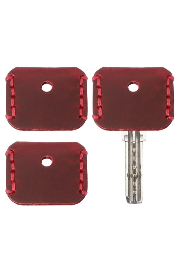 Leather Key Covers Caps, 3 Pack Head Key Sleeves Mini Key Tags Organizer, Wine Red
