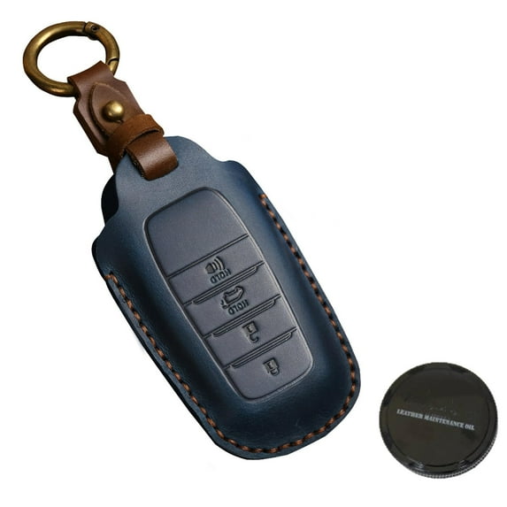 Leather Key Fob Cover Compatible with Toyota Land Cruiser, 4Runner, RAV4, Camry, Highlander 2019-2022, Smart Key Protector Holder with Leather Conditioner