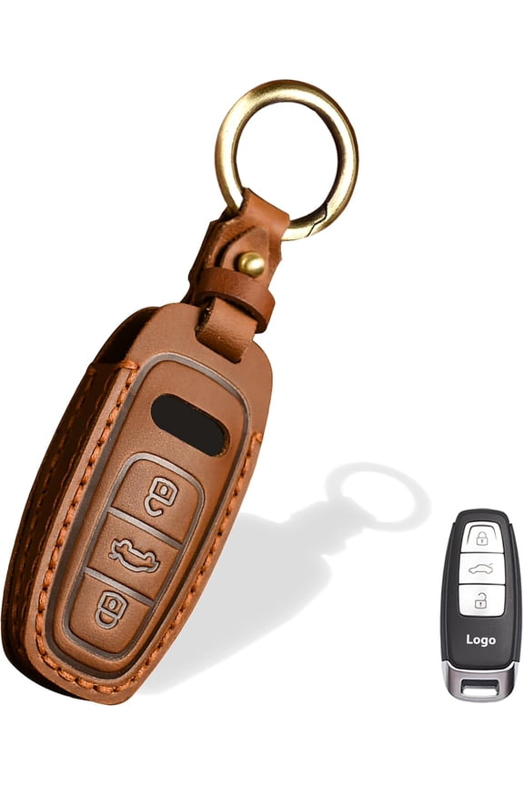Leather Key Fob Cover, Fit for Audi A4 A5 A6 A7 A8 Q5 Q7 S3 S4 S5 S6 S7 S8 SQ5 RS5 RS7 R8, etc, 360 Degree Proetction Smart Remote Key Protector,Brown,C Style