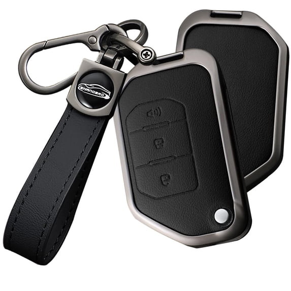 Leather Key Fob Cover for Jeep Wrangler JL JLU Gladiator 4XE 2018-2021 Accessories with Keychains Folding 3 Button Key Case for Jeep Wrangler Zinc Alloy Key Holder -A Keychain