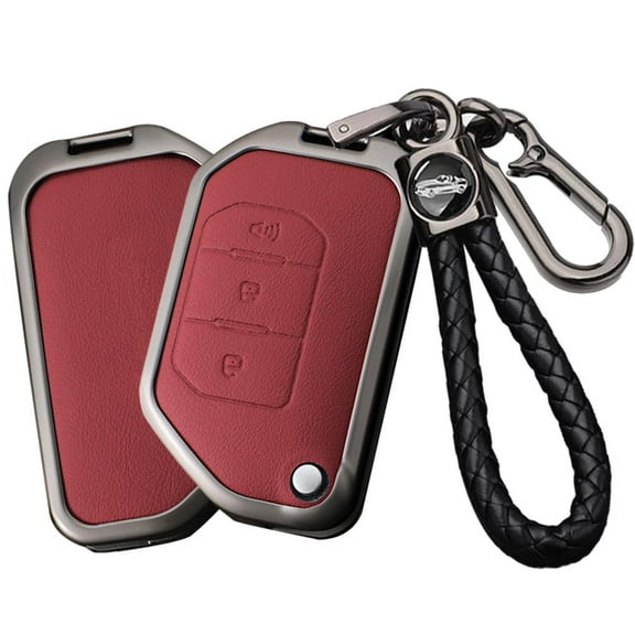 Leather Key Fob Cover for Jeep Wrangler JL JLU Gladiator 4XE 2018-2021 Accessories with Keychains Folding 3 Button Key Case for Jeep Wrangler Zinc Alloy Key Holder -A Keychain