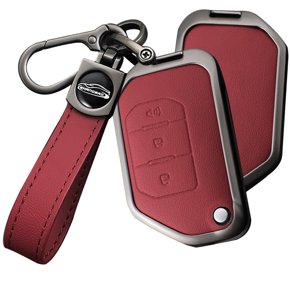 Leather Key Fob Cover for Jeep Wrangler JL JLU Gladiator 4XE 2018-2021 Accessories with Keychains Folding 3 Button Key Case for Jeep Wrangler Zinc Alloy Key Holder