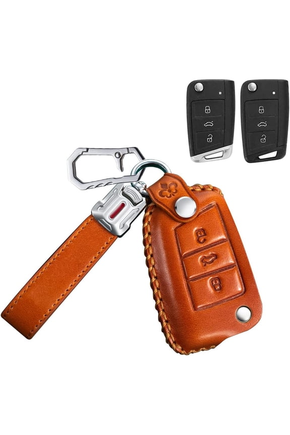 Leather Key Fob Cover for VW Tiguan 2019 Golf GTI Polo Skoda Octavia for Audi A1 Sportback 2021 Key Keyless Full Protection 3 Button Key Case with Keychain