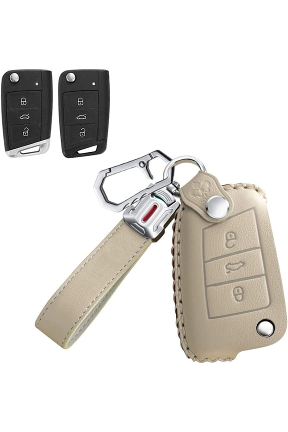 Leather Key Fob Cover for VW Tiguan 2019 Golf GTI Polo Skoda Octavia for Audi A1 Sportback 2021 Key Keyless Full Protection 3 Button Key Case with Keychain