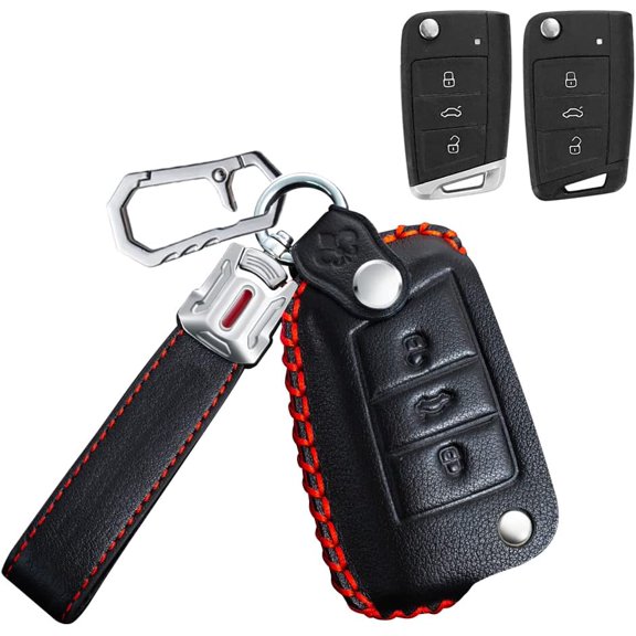 Leather Key Fob Cover for VW Tiguan 2019 Golf GTI Polo Skoda Octavia for Audi A1 Sportback 2021 Key Keyless Full Protection 3 Button Key Case with Keychain