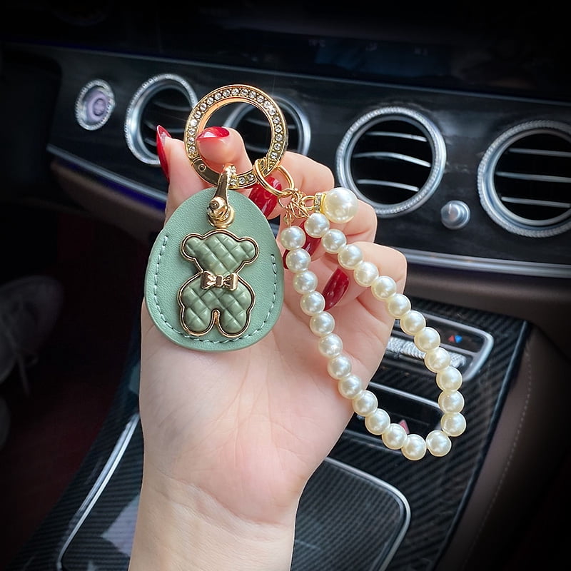 Leather Key Ring Personality Access Control Card Cover Bear Sticker Pearl Chain Keychain for Girl Woman Fashion Gift