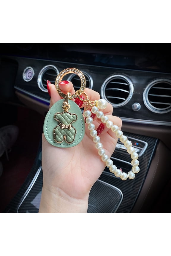 Leather Key Ring Personality Access Control Card Cover Bear Sticker Pearl Chain Keychain for Girl Woman Fashion Gift