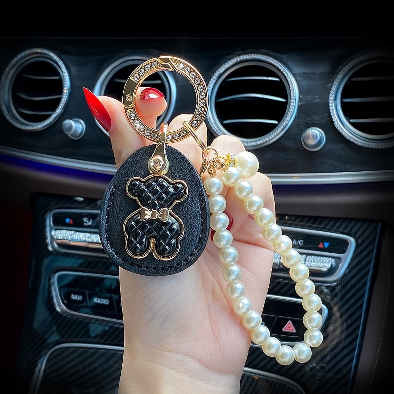 Leather Key Ring Personality Access Control Card Cover Bear Sticker Pearl Chain Keychain for Girl Woman Fashion Gift
