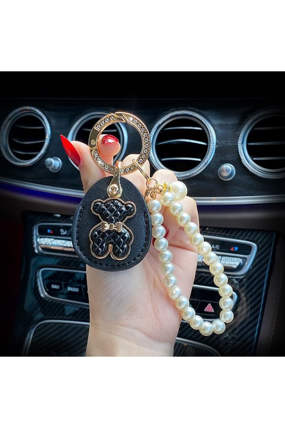 Leather Key Ring Personality Access Control Card Cover Bear Sticker Pearl Chain Keychain for Girl Woman Fashion Gift