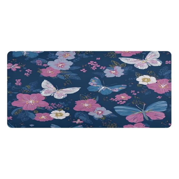 Leather Keyboard and Mouse Desk Mat Office Desk Accessories Protective Office Desk Decor Desk Pad Mat for Gaming, Work from Home, Office Blue Butterflies and Flowers 16.5" x 35.4"