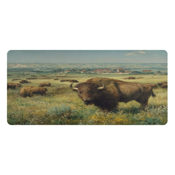 Leather Keyboard and Mouse Desk Mat Office Desk Accessories Protective Office Desk Decor Desk Pad Mat for Gaming, Work from Home, Office Buffalo Herd Oil Painting 16.5" x 35.4"