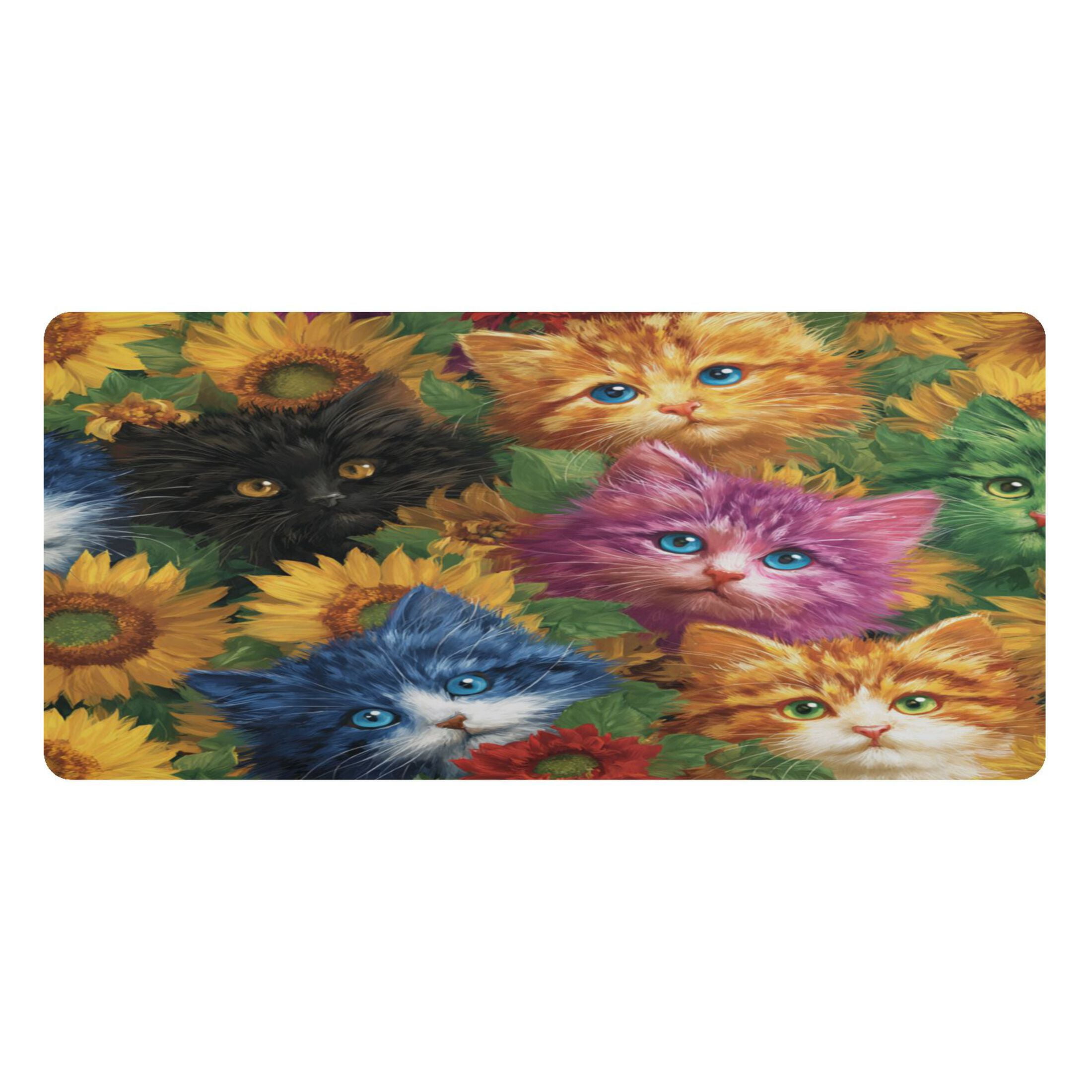 Leather Keyboard and Mouse Desk Mat Office Desk Accessories Protective Office Desk Decor Desk Pad Mat for Gaming, Work from Home, Office Colorful Cat and Sunflowers 16.5" x 35.4"