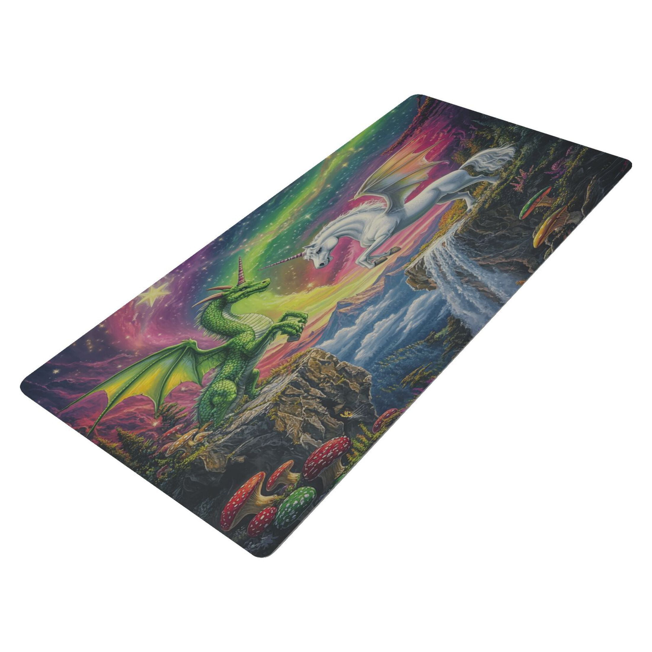Leather Keyboard and Mouse Desk Mat Office Desk Accessories Protective Office Desk Decor Desk Pad Mat for Gaming, Work from Home, Office Green Dragon and White Unicorn 16.5" x 35.4"