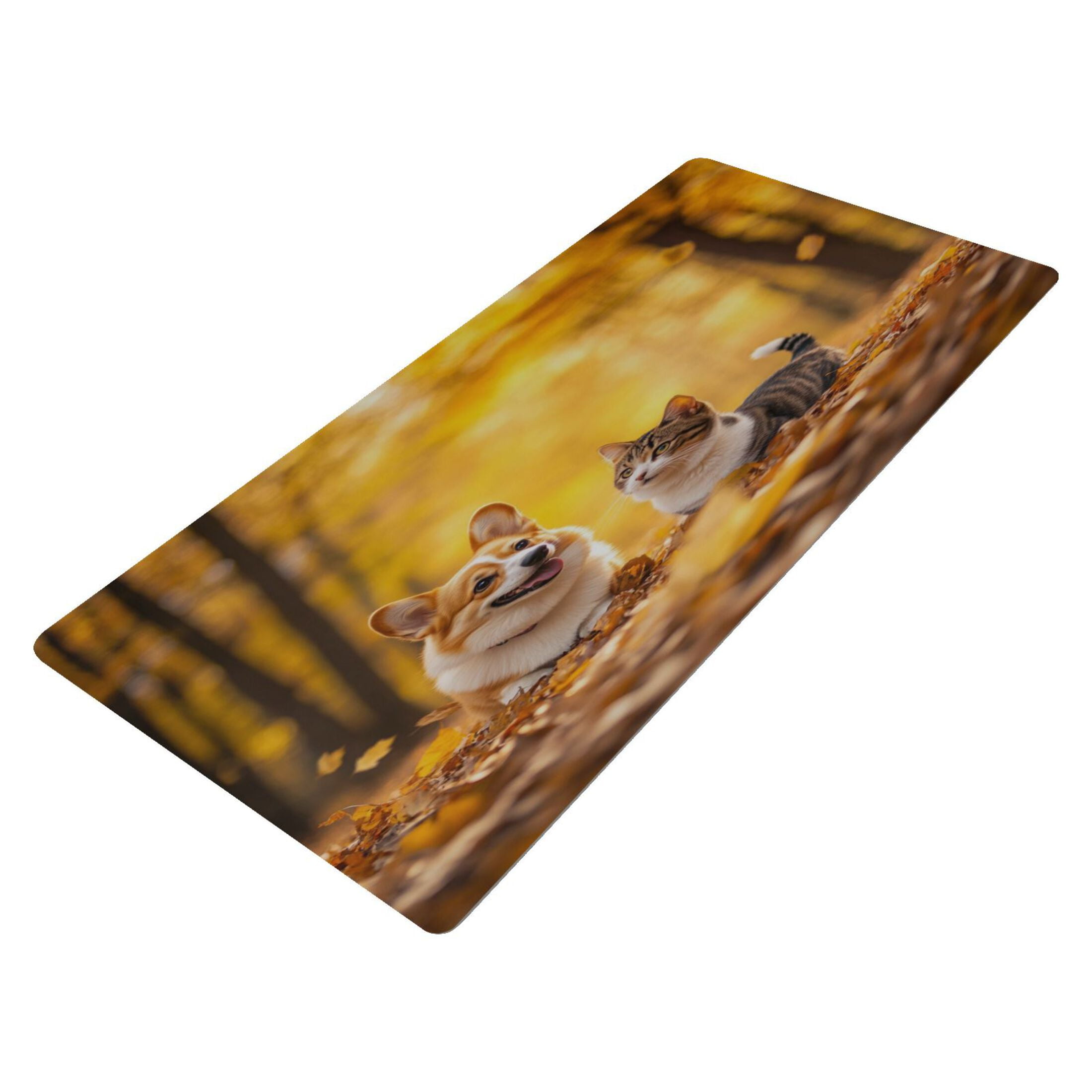 Leather Keyboard and Mouse Desk Mat Office Desk Accessories Protective Office Desk Decor Desk Pad Mat for Gaming, Work from Home, Office Happy Corgi Dog and Cat 16.5" x 35.4"