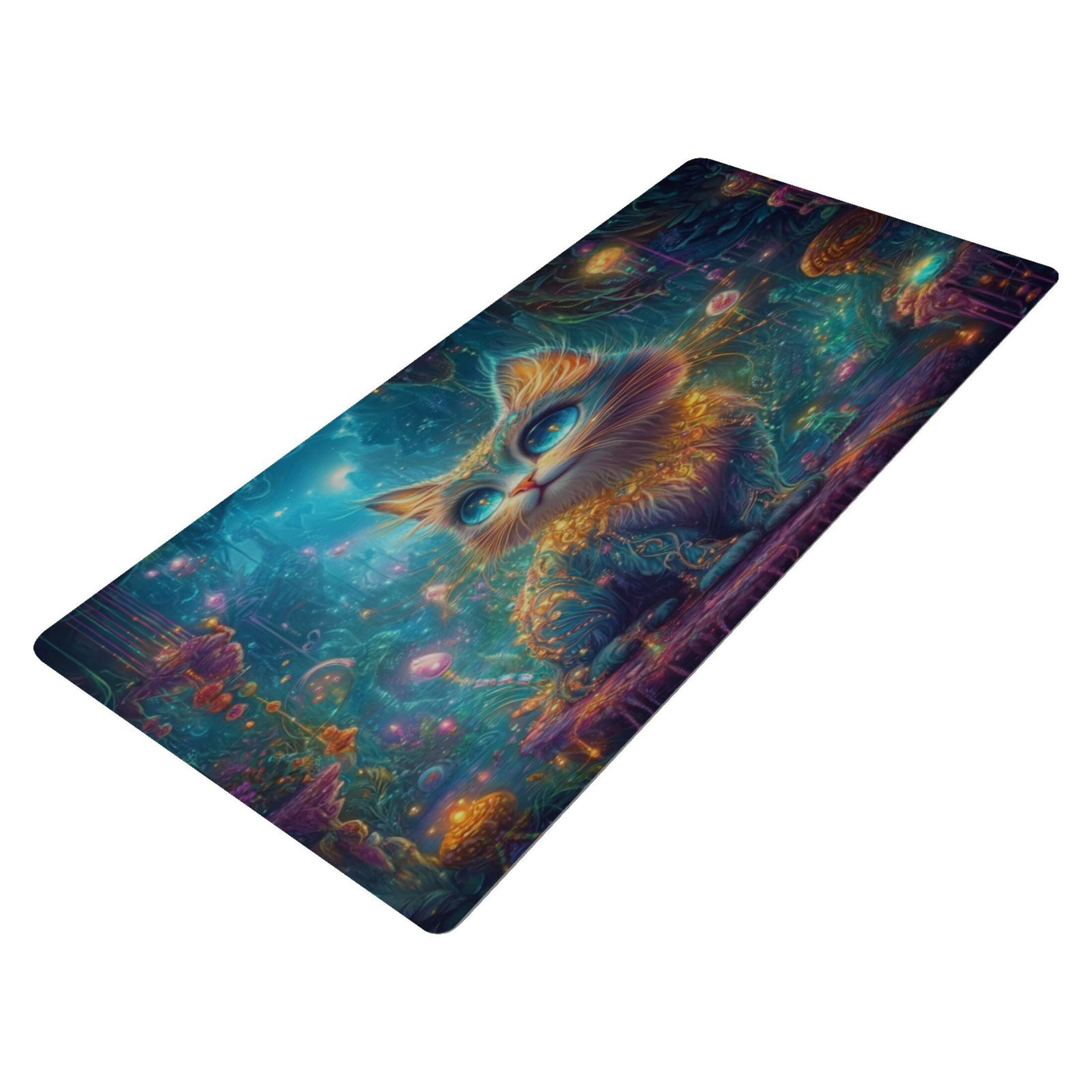 Leather Keyboard and Mouse Desk Mat Office Desk Accessories Protective Office Desk Decor Desk Pad Mat for Gaming, Work from Home, Office Mystical Cat 16.5" x 35.4"