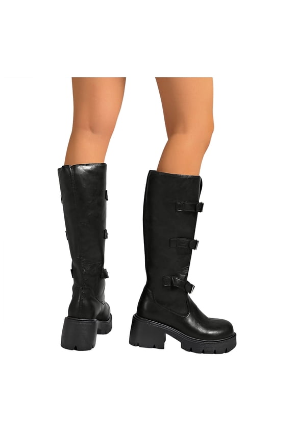 Leather Knee High Boots for Women Comfortable Platform Round Toe Buckle Strap Knee Length Combat Booties