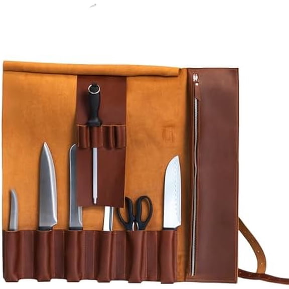 Leather Knife Roll Bag Full Grain Leather Chef Knife Bag with 6 Slots & Zipped Pocket, Fits Knives up to 16 Inches, Travel-Friendly Knife Carrier with Adjustable Shoulder Strap, Warm Brown