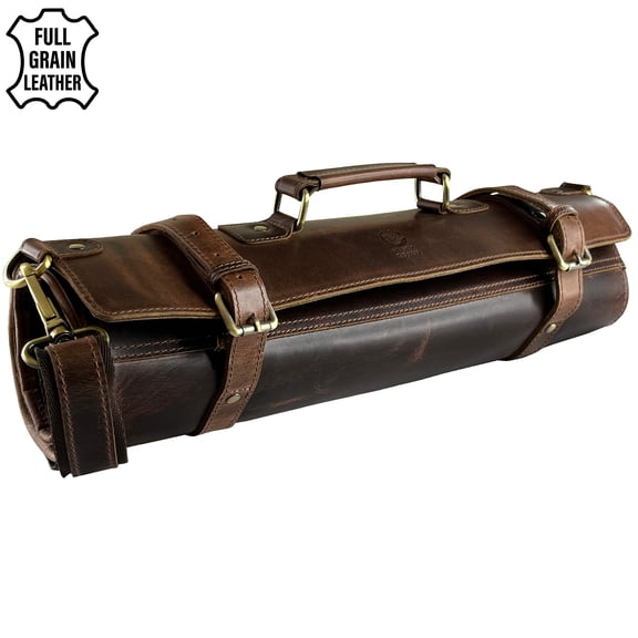 Leather Knife Roll, Full Grain Leather Chef Knife Storage Bag Portable Case, Kitchen Tool Pouch with Expandable 11 Pockets for Men & Women by Rustic Town