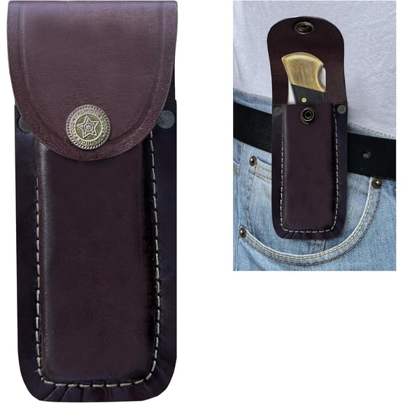 Leather Knife Sheath for Belt, Handmade 5.5 Folding Knife Holster, Compatible with Buck 110 & 112, Pocket Knife Holder, Brown
