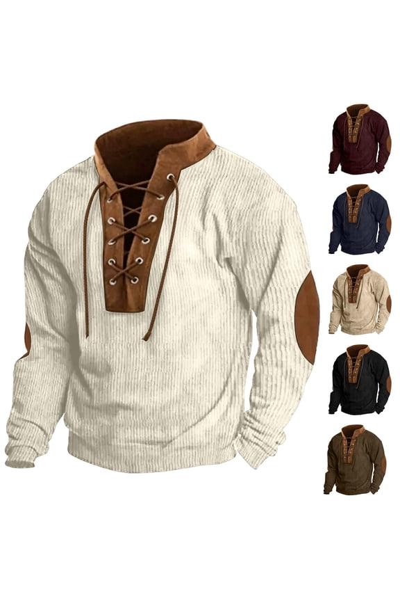 Leather Lace Up Sweatshirts for Men Henley Rib Knit Tops | Soft Ribbed Sweater Leather Elbow Patch Retro Fall Daily Wear Army Green,L