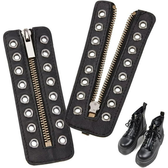 Leather Lace-in Boot Zipper Inserts, 5.7"x2" No Tie Zipper Boot Laces 8 Eyelet Zipper Smooth Tieless Shoe Laces for Boots Shoes Sneakers Ssports shoes Adults Men Women, Black, 1 Pair