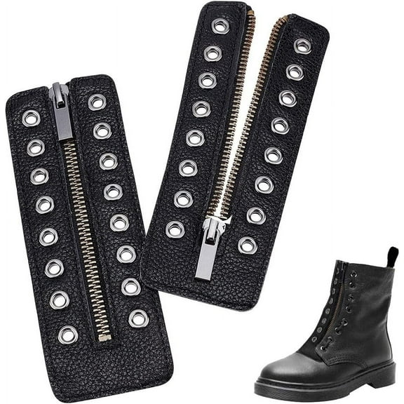 Leather Lace-in Boot Zipper Inserts, 8 Eyelet Zipper Boot Laces No Tie Zipper Tieless Shoe Laces for Boots Shoes Sneakers Ssports shoes Adults Men Women, Black, 1 Pair, 16.5x6cm