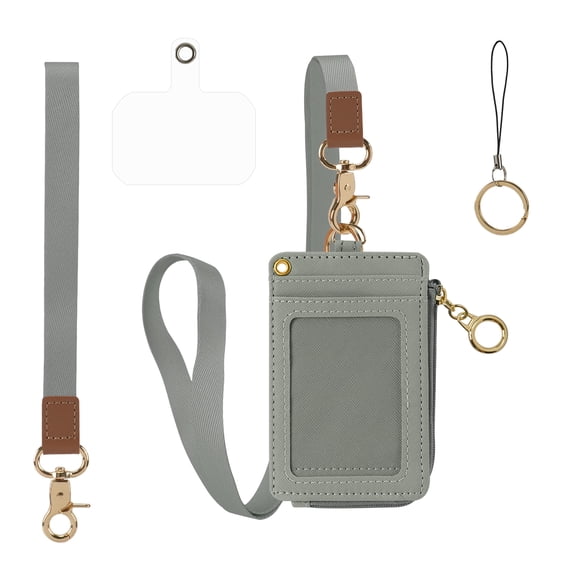 CHAOYUNYI Leather Lanyard Card Holder with Zipper ID Badge Cover Access Control Card Case Anti-Lost Keychain Wallet, Gray