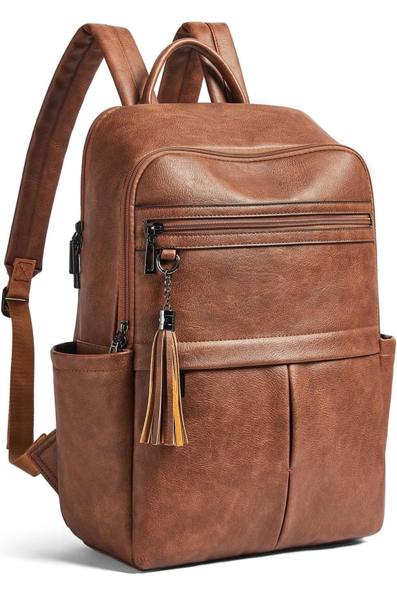 Leather Laptop Backpack for Women, 15.6" Causal Daypack Backpacks Purse Backpack with Laptop Compartment for Travel Work College Business, Brown