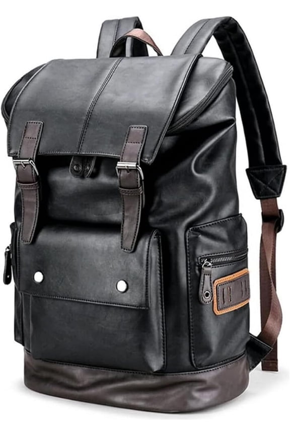 Leather Laptop Backpack for Men, Black Work Knapsack Large Travel Bags 16inch Laptop For Commute Casual Business(Black)