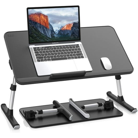 Leather Laptop Bed Tray Table, Adjustable Laptop Stand with Removable Stopper, Portable Lap Desks with Foldable Legs, Notebook Stand Breakfast Reading Desk for Sofa Couch(Large, Black)