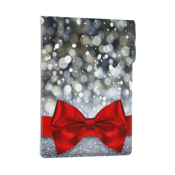 Leather Laptop Sleeve, Padded Case, Thin Portable Bag - Compatible with 13 inch laptops or MacBook Air Pro 13 2016 or later - Vertical, Shiny silver starry Christmas with red bow tie