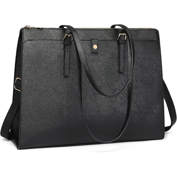 Leather Laptop Tote Bag for Women 15.6 Inch Computer Briefcase -  Large Capacity Classy Business Tote for Work - Black