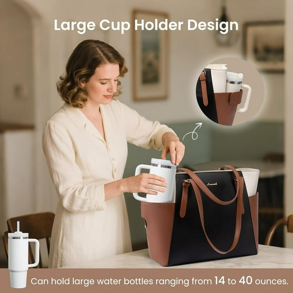Leather Laptop Tote Bag for Women with Large Cup Holder, 15.6 Inch Professional Computer Briefcase