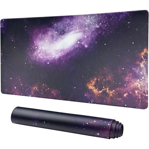 Leather Large Desk Pad, Purple White Galaxy Gaming Mouse Pad for Desk, Large Keyboard Desk Mat with Non-Slip Base and Stitched Edge for Home Office Gaming Work (31.5" x 15.7")