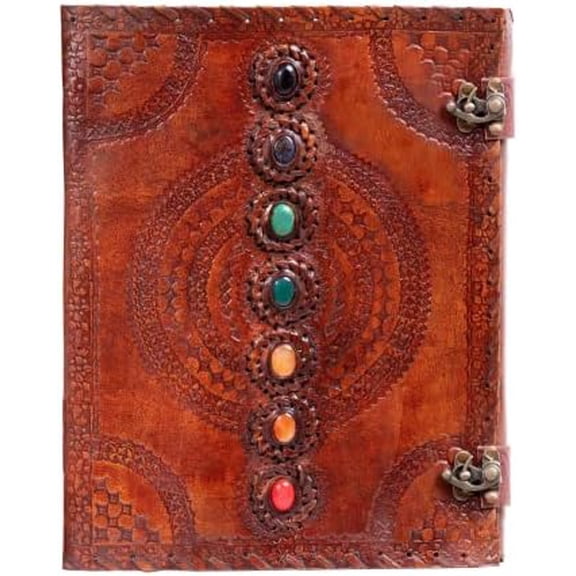 Leather Large Journal Rustic Ruled Notebook 13 x 10 inches Diary Seven Chakra Medieval 7-Stone Embossed Handmade Writing Lined Notepad (200 Pages)$$Office