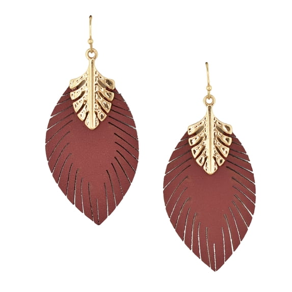 Leather Leaf Shaped Drop Earrings, Burgundy, 2-1/4-Inch