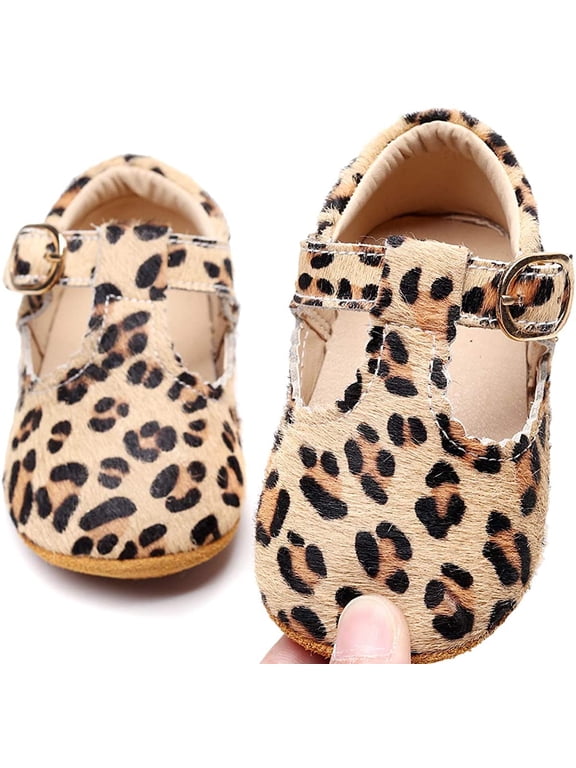 Leather Leopard Baby Shoes Hard Sole T-Strap Boys Girls Moccasins for Infants Babies Toddlers