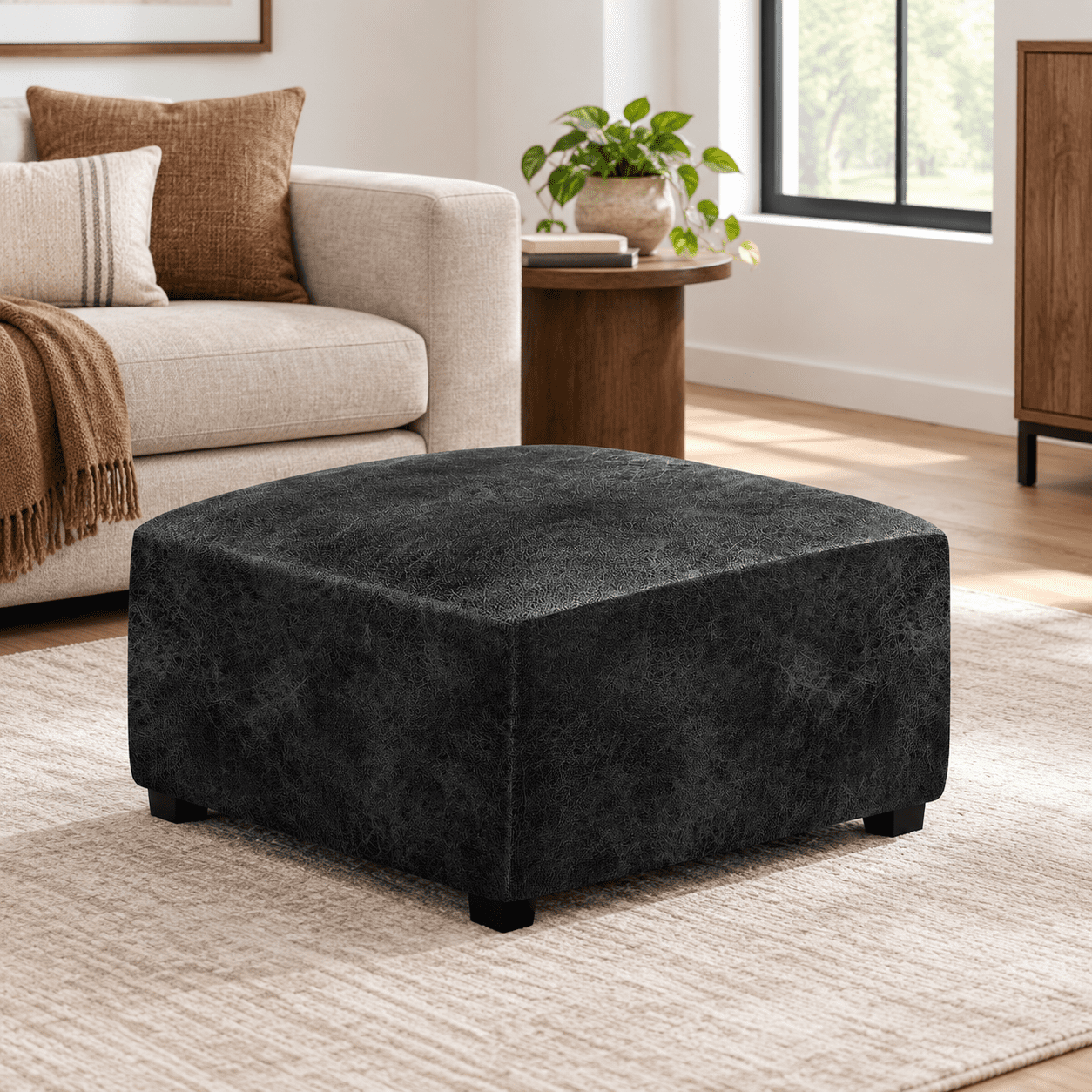 Leather Like Ottoman Slipcover, 02 Black, XX-Large, Stretch Square and ...