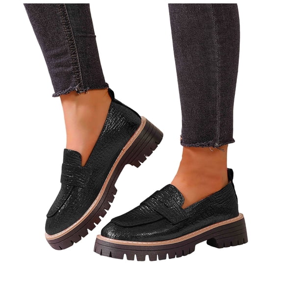 Leather Loafers for Women Platform Chunky Heel Lug Sole Penny Loafers Comfortable Slip On Business Casual Shoes Black Size 9