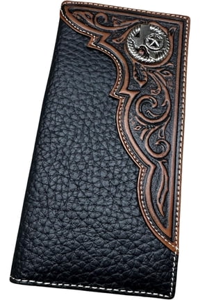 Leather Long Wallet Floral Embossed Tooled Bi Fold Soft Leather Texas Concho Lone Star Checkbook Style Cowboy Hand Crafted High End Mens Wallets Leather Gifts For Men (Black)