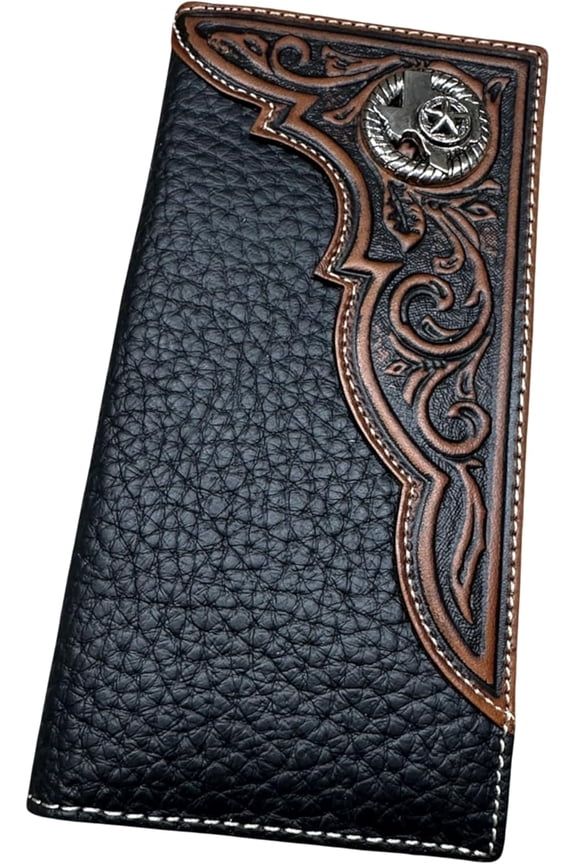 Leather Long Wallet Floral Embossed Tooled Bi Fold Soft Leather Texas Concho Lone Star Checkbook Style Cowboy Hand Crafted High End Mens Wallets Leather Gifts For Men (Black)