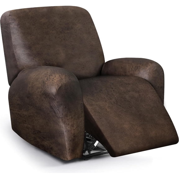 Leather Look Loveseat Recliner Cover, 6-Pieces Stretch Dual Recliner Sofa Covers, Soft Reclining Couch Slipcover, Washable Furniture Protector for Pets (2 Seater, Brown)