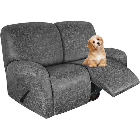 Leather Look Loveseat Recliner Covers Stay in Place 6-Piece Recliner Sofa Slipcover 2 Seater Reclining Couch Cover Spandex Fabric Washable (2 Seater, Light Grey)