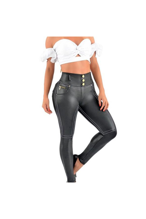 Leather Look Shaperwear Dressy Pants, Black - Extra Large