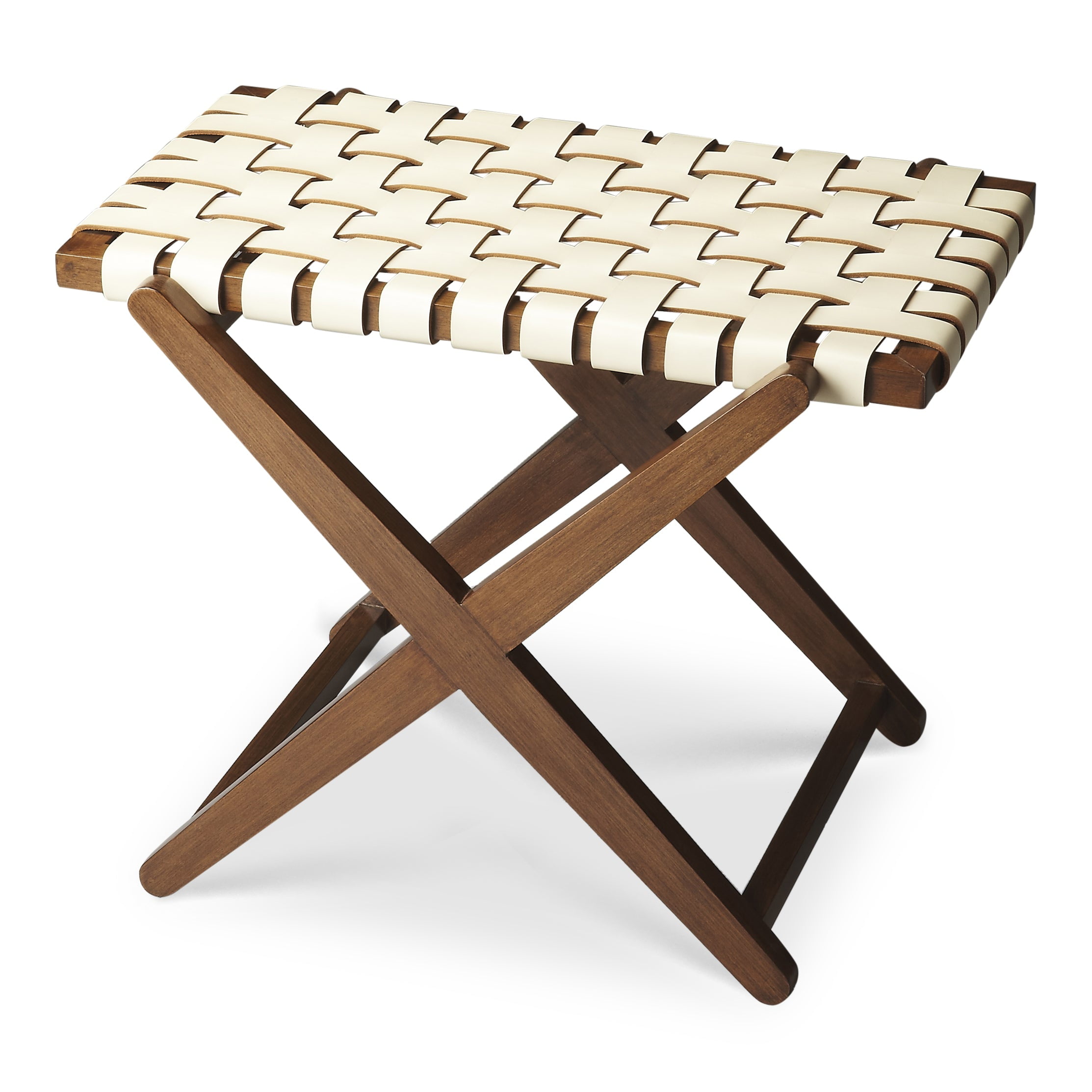 White Leather and Birch Wood Folding Luggage Rack