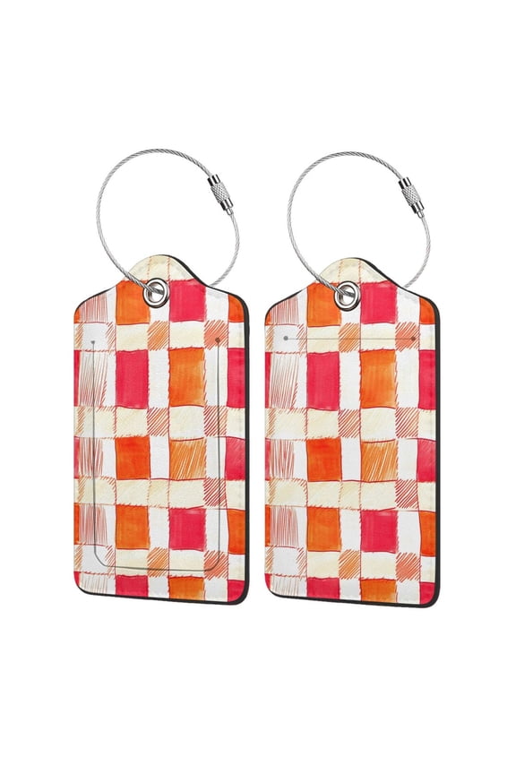 Leather Luggage Tag 4.6×2.9in Stainless Steel Ring Bendable Waterproof Not Afraid Of Scratch Feel Soft And Comfortable Orangered Houndstooth Checkered Hand-Drawn Sketch_4 1